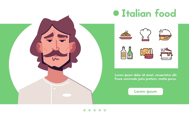 Banner of man character chef. culinary job, italian food and restaurant.  - pasta, cook hat, cheese, wine, olive oil, cooking and serving dish