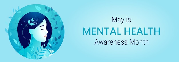 Vector banner for mental health awareness month in may girl with leaves on a light background