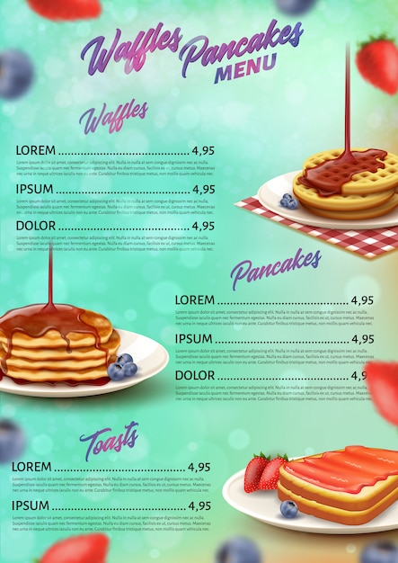 Vettore banner menu waffles pancakes e toast realistico.