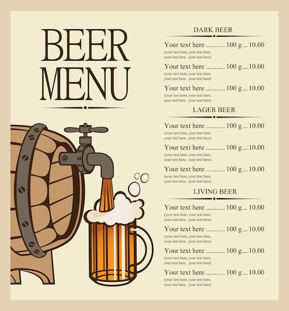 Menu banner con fusto di birra, bicchiere e prezzi