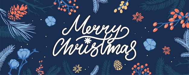 Banner buon natale anno nuovo lettering illustrazione con sfondo invernale scuro