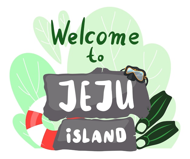 Banner met afbeelding van de belangrijkste attractie van het Zuid-Koreaanse eiland Jeju en de inscriptie