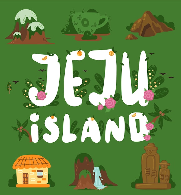 Banner met afbeelding van de belangrijkste bezienswaardigheden van het Koreaanse eiland jeju stone figures mountaines