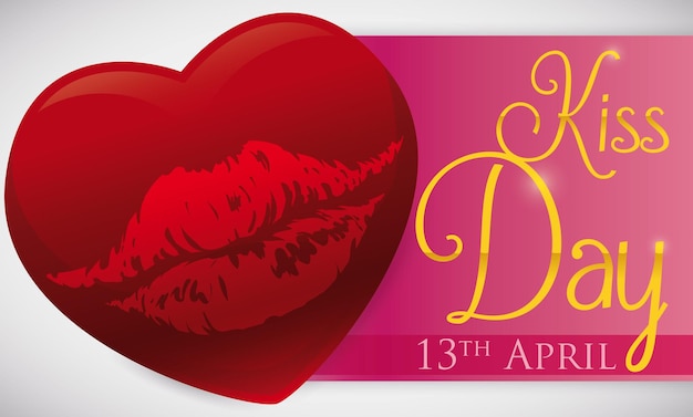 Banner met de datum voor Kiss Day en een romantisch ontwerp met een rood hart met een lippenmerk erin