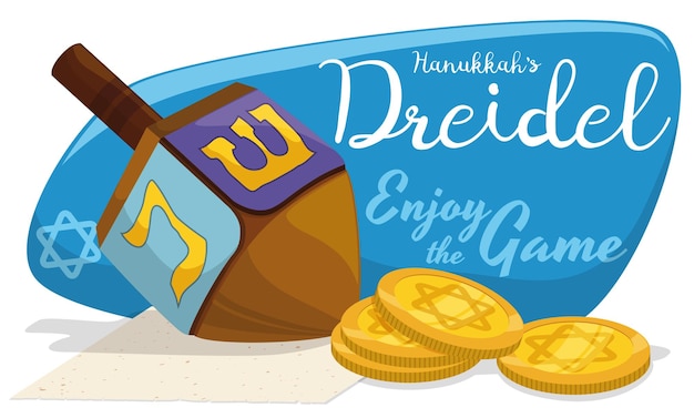 Banner met dreidel speelgoed en een aantal gelt munten klaar om traditionele hanukkah spelletjes te spelen