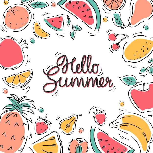 Banner met fruit in een lineaire stijl met het opschrift "Hallo zomer".