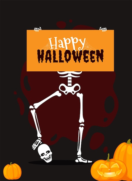 Banner met menselijke skeletten in verschillende poses met enge pompoenen halloween-ontwerp vectorillustratie