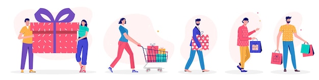 Banner met mensen met mensen die een boodschappentas vasthouden voor een geweldige kerstuitverkoop. Mannen en vrouwen kopen geschenken. Vectorillustratie in cartoon trendy style.vector voor advertentie, coupon of voucher