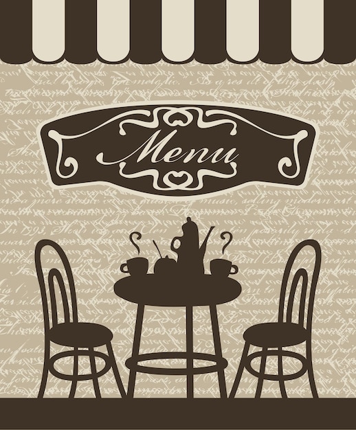 Vector banner met menu met tafel, stoelen en thee in café