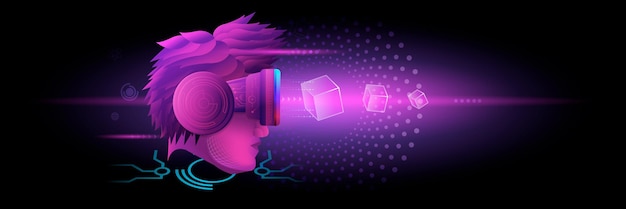 Vector banner of metaverse technology concept a man head facing to use vr virtual reality goggle