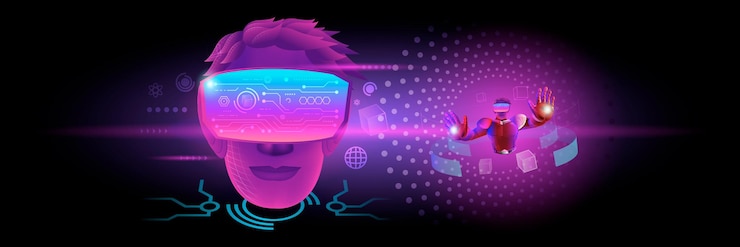 Vector banner of metaverse technology concept a man's head use vr virtual reality goggle