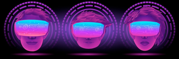 Vector 메타버스 기술 개념의 배너입니다. 세 머리 사용 vr 가상 현실 고글