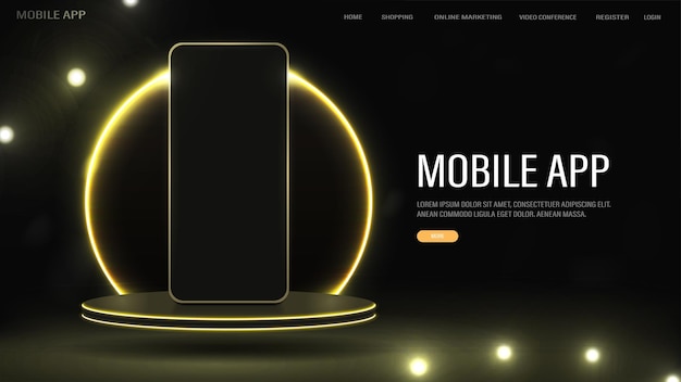 Vettore banner per app mobile e negozio online smartphone sul podio con un luminoso arco dorato al neon