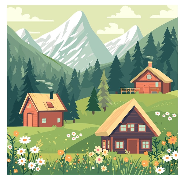 Vector banner mountain house in spring flat illustration vector spring mountains mountain house naive