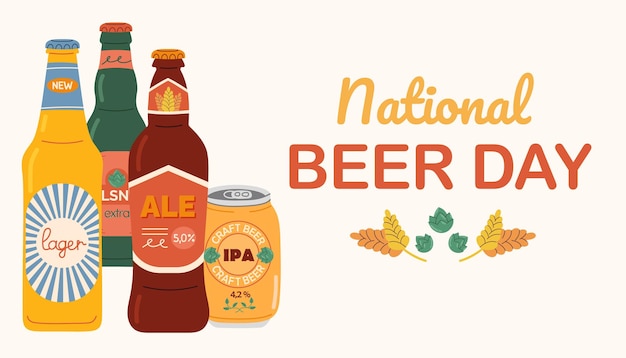 Banner for National Beer Day Beer day celebration template Background with various beer bottles