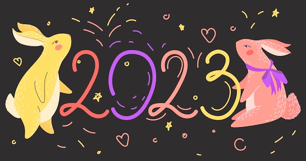 Banner per il nuovo anno 2023 in stile doodle con conigli