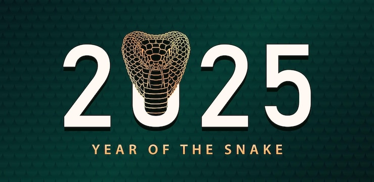 Vector banner for new year or christmas year of the snake greeting card with 2025 text and gold king cobra