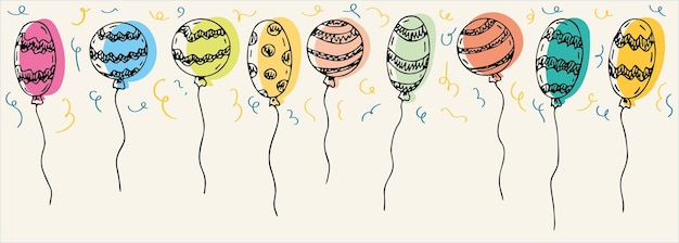 Banner od hand drawn cute balloons isolated on background template for postcard banner poster web design doodle cartoon vector illustration