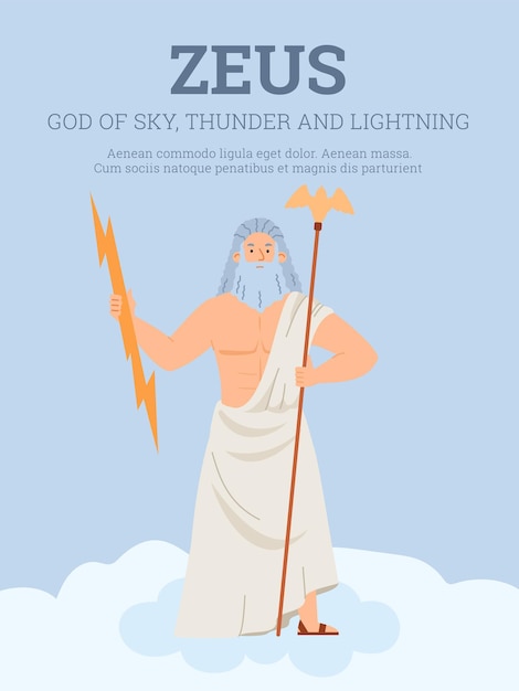 Vector banner of kaart met olympische griekse zeus of jupiter god platte vectorillustratie