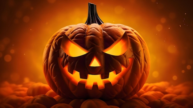 Banner Orange background and big glowing jackolantern pumpkin a Halloween image