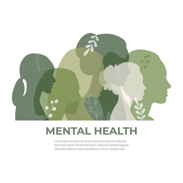 Vector banner over geestelijke gezondheid vectorillustratie met silhouetten van vrouwen