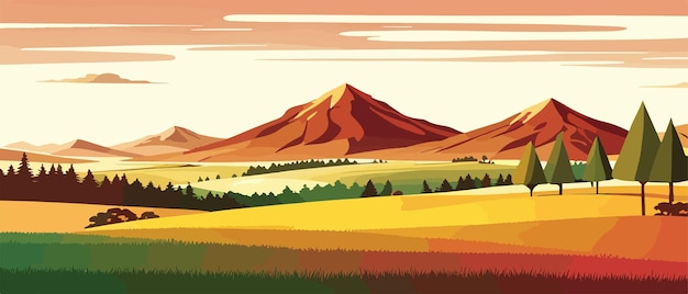 ベクトル 大きな山のパノラマ的な景色のバナー 美しい草原と花の平らな漫画の風景