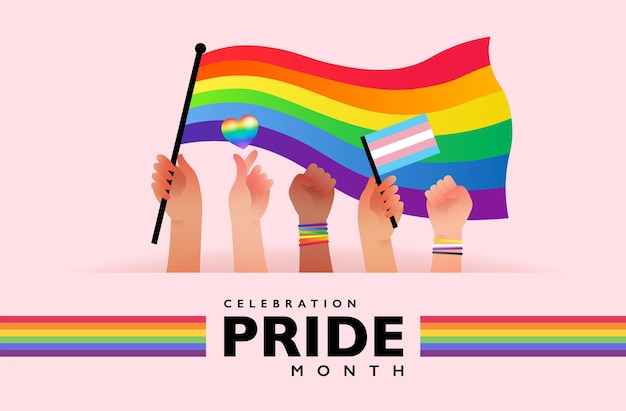 Vector banner of people hold rainbow flag showing support for pride month celebration