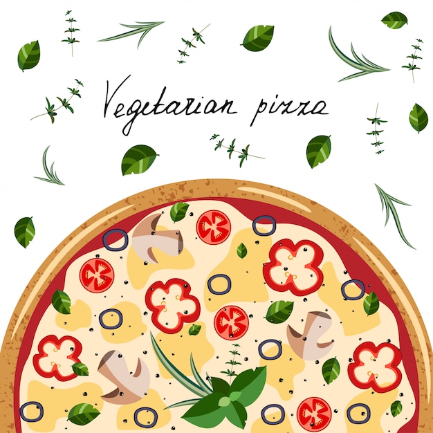 Vector banner for pizza box. background with whole vegetarian pizza, herbs, hand letter.