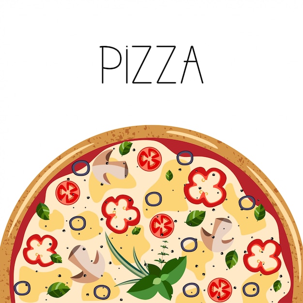 Banner for pizza box. background with whole vegetarian pizza.