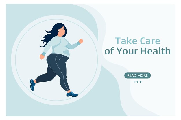 Vector banner a plump girl in a tracksuit and sneakers goes in for sports running the modern concept