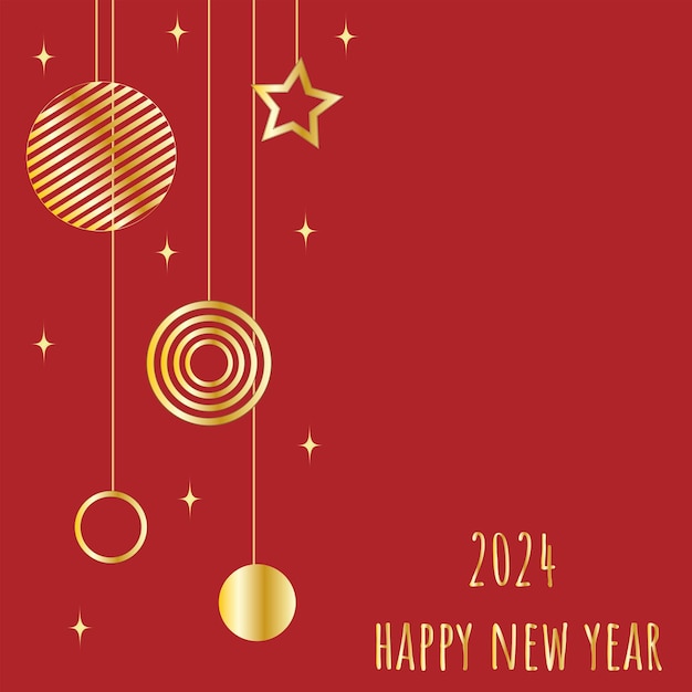 Banner postcard poster with the inscription 2024 and golden balls on a red background