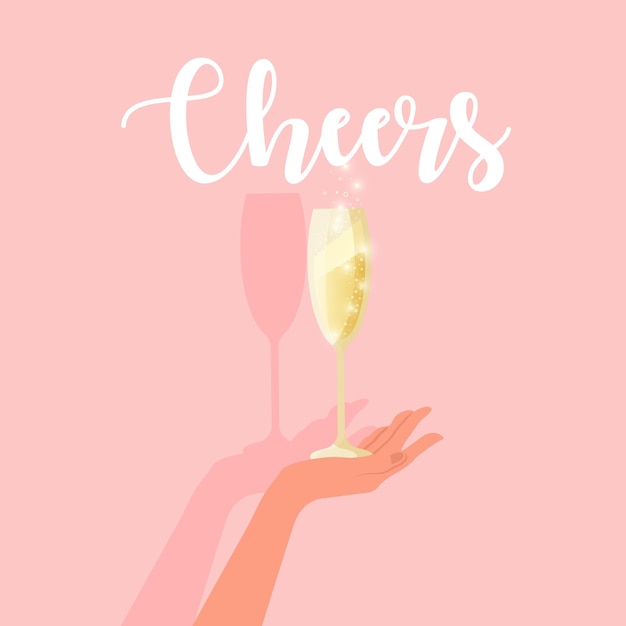 Banner, postcard with hand holding champagne glasses, pink background.