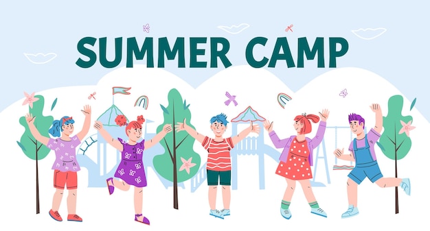 Vector banner or poster template layout  for kids summer camp with little boys and girls