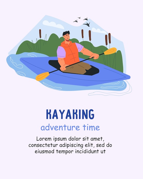 Banner or poster template with tourist on a kayak flat cartoon vector illustration