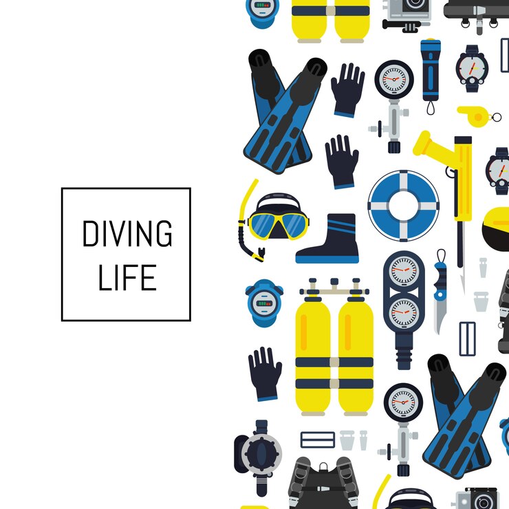 Vector banner and poster underwater diving equipment in flat style
