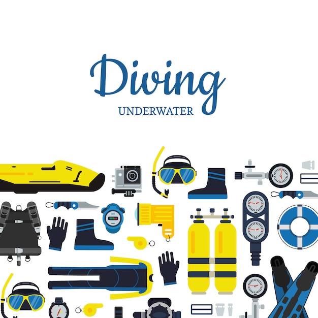 Vector banner and poster underwater diving equipment in flat style