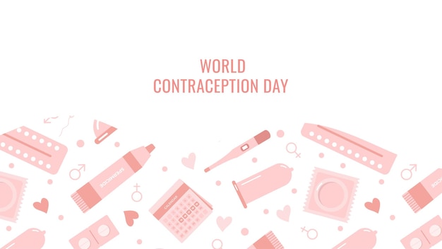 Vector banner poster world contraception day in flatpack style different types of contraception methods