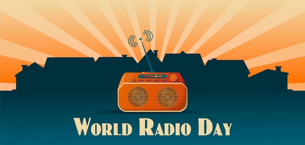Banner o poster per la giornata mondiale della radio con impianto stereo a cassetta retrò sullo sfondo della città con conce