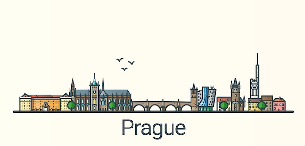 Vector banner of prague city in flat line trendy style. all buildings separated and customizable. line art.