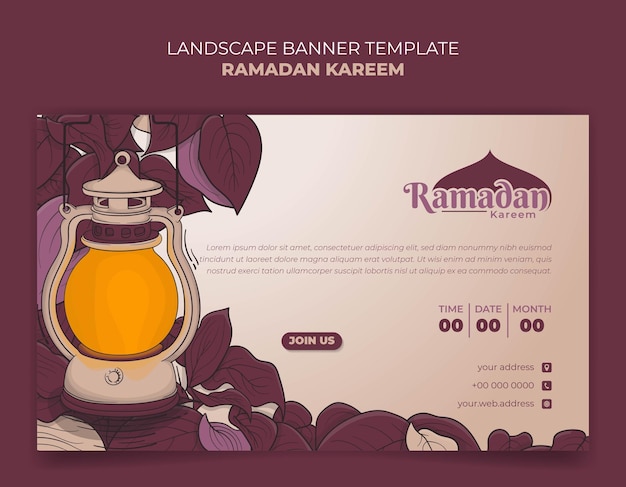 Vettore banner per modello ramadan kareem con foglie viola rosa e lanterna in disegno disegnato a mano