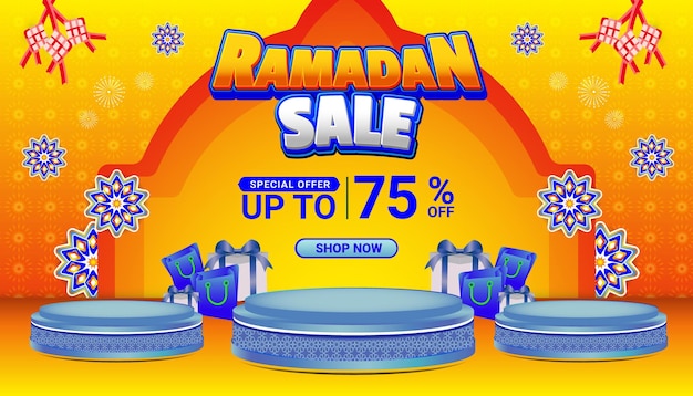 Banner Ramadan mubarak sale orange blue 3d text editable social media background 2