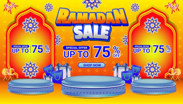 Banner Ramadan mubarak sale orange blue 3d text editable social media background 2