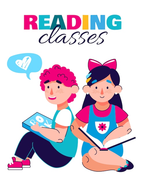 Banner of reading classes for children, cartoon illustration 