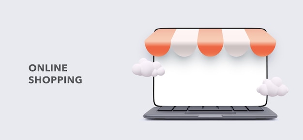 現実的な詳細なeコマースコンセプトのバナーには、スクリーンラップトップが含まれます。あなたのラップトップのオンラインストアの概念。