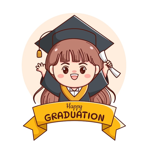 Banner or ribbon happy graduation girl with cap and gown cute kawaii chibi cartoon