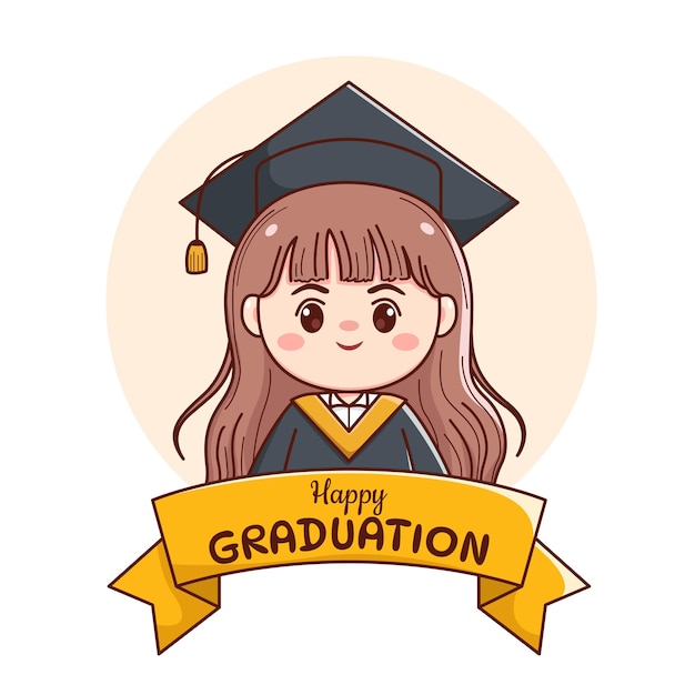 banner or ribbon happy graduation long hair girl with cap and gown cute kawaii chibi cartoon