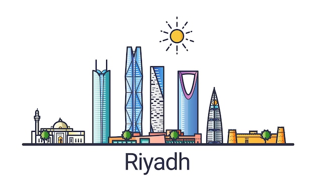 Banner of riyadh city in flat line style. riyadh city line art. all linear buildings separated and customizable.