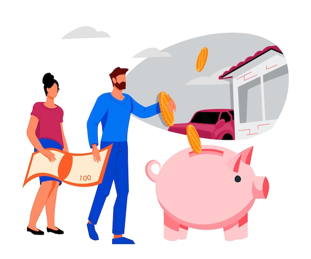 Vector banner of saving money and getting a loan or mortgage with people putting coins in piggy bank