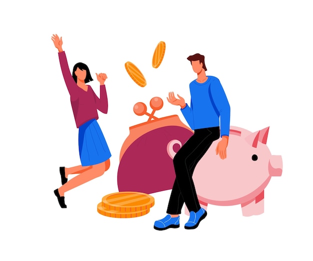 Vector banner of saving money and investment making profit concept with cartoon characters and piggy bank saving budget and increasing income business people or family happy to save money flat vector