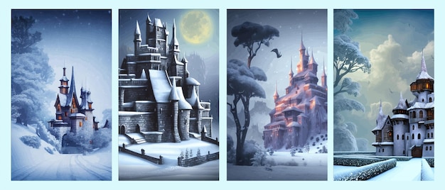 Banner set ancient stone winter castle fantasy snowy landscape with a castle magical luminous